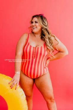 BUTTON FRONT ONE PIECE IN SORBET STRIPE BY PINK DESERT SWIM