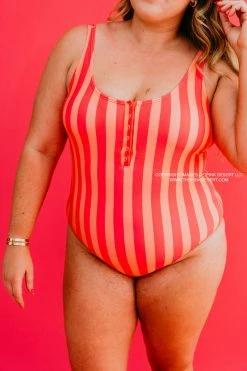 BUTTON FRONT ONE PIECE IN SORBET STRIPE BY PINK DESERT SWIM