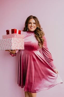 PD EXCLUSIVES SASSY RED LIPSTICK X PINK DESERT SUGAR PLUM VELVET DRESS IN FROSTED MAUVE