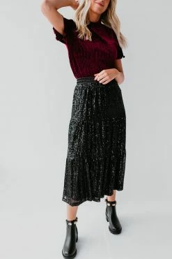 Calista THE MIDNIGHT STROLL MIDI SKIRT IN BLACK SEQUINS