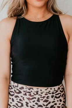 PINK DESERT HIGH NECK RACERBACK ZIPPER MIDKINI SWIM TOP IN BLACK