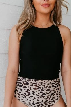 PINK DESERT HIGH NECK RACERBACK ZIPPER MIDKINI SWIM TOP IN BLACK