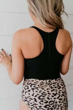 PINK DESERT HIGH NECK RACERBACK ZIPPER MIDKINI SWIM TOP IN BLACK