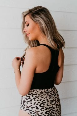 PINK DESERT HIGH NECK RACERBACK ZIPPER MIDKINI SWIM TOP IN BLACK