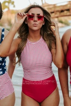 PINK DESERT HIGH NECK RACERBACK ZIPPER MIDKINI SWIM TOP IN SUMMER GINGHAM
