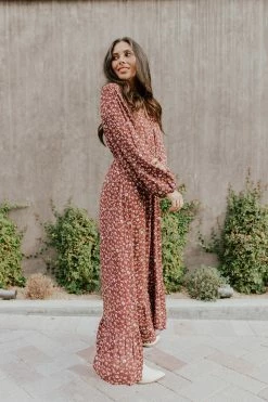 UpMost THE RAQUEL FLORAL MAXI DRESS IN RED BEAN DRESSES
