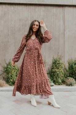 UpMost THE RAQUEL FLORAL MAXI DRESS IN RED BEAN DRESSES