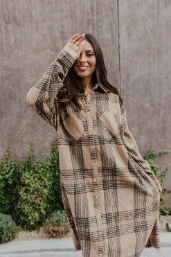 White Birch THE BRIDGER FLANNEL DRESS IN BROWN PLAID TOPS