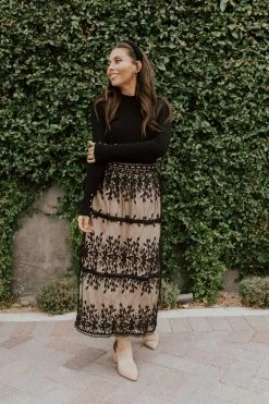 Polagram/Baevely THE ALMA EMBROIDERED LACE MAXI SKIRT IN BLACK
