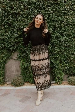 Polagram/Baevely THE ALMA EMBROIDERED LACE MAXI SKIRT IN BLACK