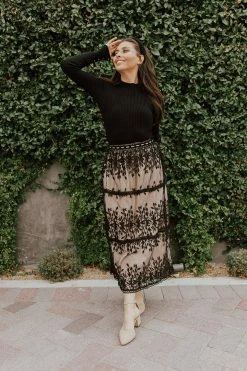 Polagram/Baevely THE ALMA EMBROIDERED LACE MAXI SKIRT IN BLACK
