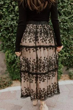 Polagram/Baevely THE ALMA EMBROIDERED LACE MAXI SKIRT IN BLACK