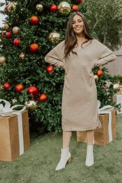 Elloh THE ROSELLE RIBBED MIDI DRESS IN BROWN SUGAR