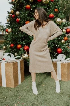 Elloh THE ROSELLE RIBBED MIDI DRESS IN BROWN SUGAR