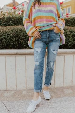 Insane Gene THE KARA DISTRESSED GIRLFRIEND JEANS IN MEDIUM WASH BOTTOMS