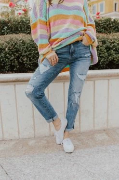 Insane Gene THE KARA DISTRESSED GIRLFRIEND JEANS IN MEDIUM WASH BOTTOMS