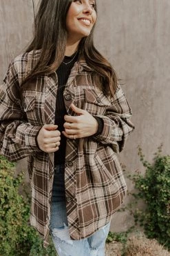 Main TOPS THE BRADLEY PLAID SHACKET IN BROWN