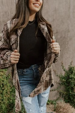 Main TOPS THE BRADLEY PLAID SHACKET IN BROWN