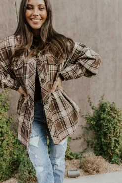 Main TOPS THE BRADLEY PLAID SHACKET IN BROWN