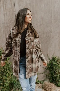 Main TOPS THE BRADLEY PLAID SHACKET IN BROWN