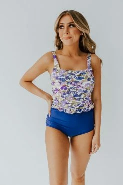 PINK DESERT MINI RUFFLE CROP PEPLUM SWIM TOP IN WILD LAVENDER