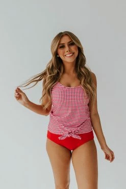 PINK DESERT TIE FRONT BLOUSON TANKINI SWIM TOP IN SUMMER GINGHAM 18 PINK DESERT TIE FRONT BLOUSON TANKINI SWIM TOP IN SUMMER GINGHAM