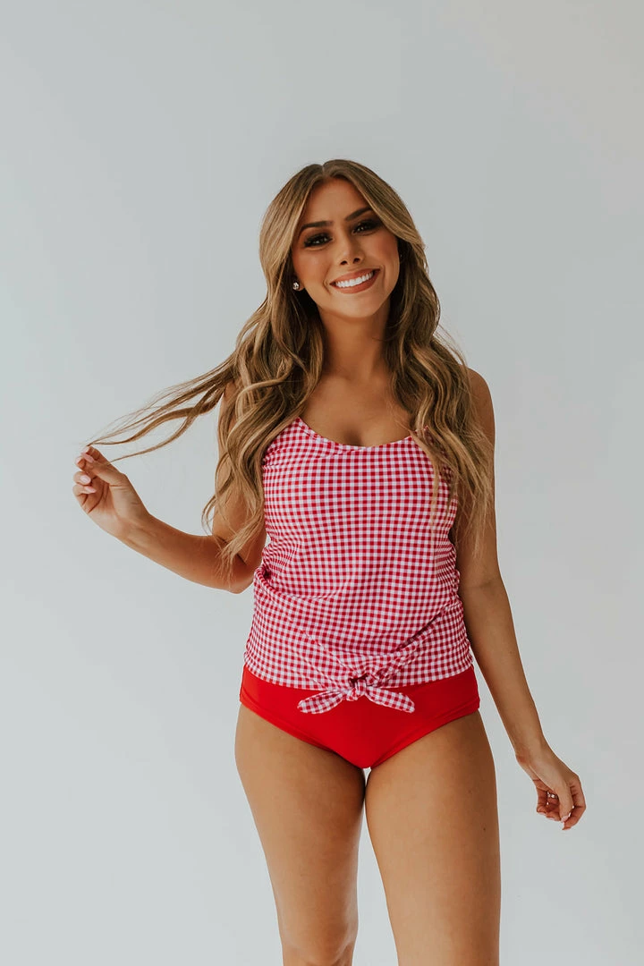 PINK DESERT TIE FRONT BLOUSON TANKINI SWIM TOP IN SUMMER GINGHAM 7 PINK DESERT TIE FRONT BLOUSON TANKINI SWIM TOP IN SUMMER GINGHAM