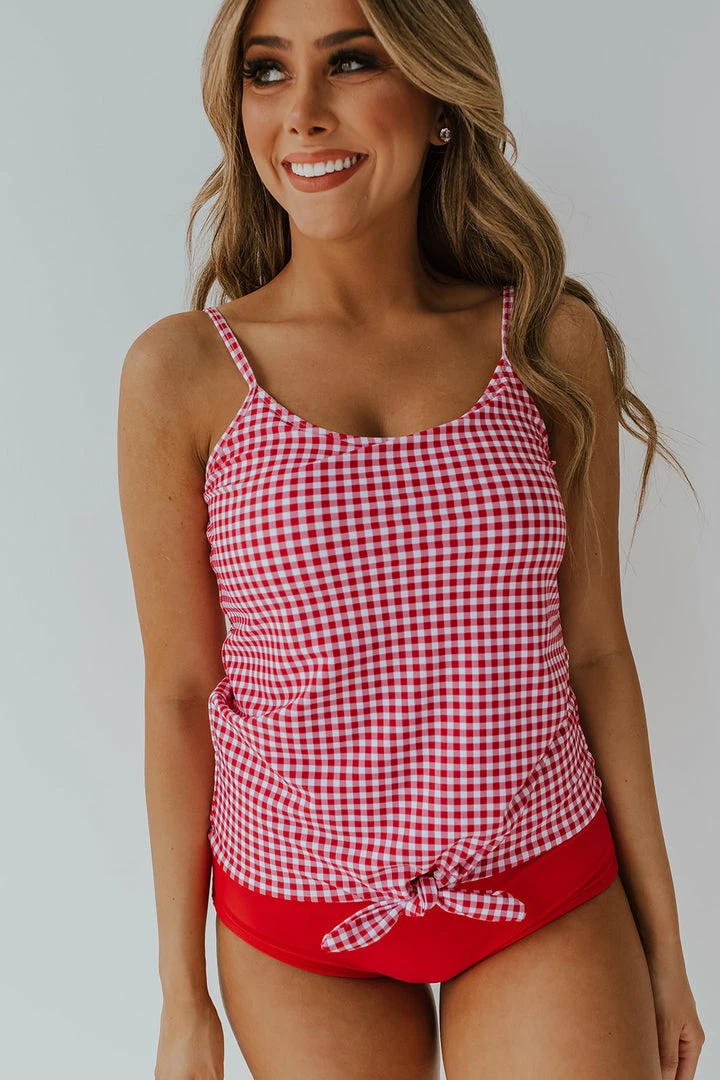 PINK DESERT TIE FRONT BLOUSON TANKINI SWIM TOP IN SUMMER GINGHAM 1 PINK DESERT TIE FRONT BLOUSON TANKINI SWIM TOP IN SUMMER GINGHAM