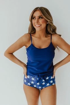 PINK DESERT TIE FRONT BLOUSON TANKINI SWIM TOP IN INDIGO