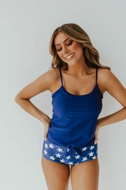 PINK DESERT TIE FRONT BLOUSON TANKINI SWIM TOP IN INDIGO