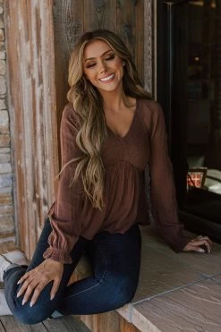 In-Loom TOPS THE CHLOE SMOCKED LONG SLEEVE TOP IN CHOCOLATE