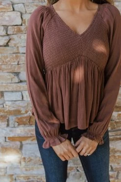 In-Loom TOPS THE CHLOE SMOCKED LONG SLEEVE TOP IN CHOCOLATE