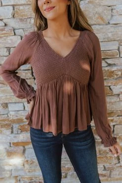 In-Loom TOPS THE CHLOE SMOCKED LONG SLEEVE TOP IN CHOCOLATE