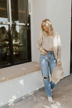 In Loom THE MYA GINGHAM BUTTON DOWN TOP IN MOCHA TOPS