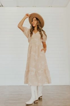 Polagram THE SERENITY EMBROIDERED FLORAL MIDI DRESS IN SAND