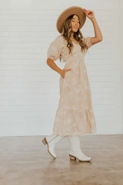 Polagram THE SERENITY EMBROIDERED FLORAL MIDI DRESS IN SAND