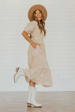 Polagram THE SERENITY EMBROIDERED FLORAL MIDI DRESS IN SAND