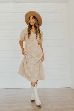 Polagram THE SERENITY EMBROIDERED FLORAL MIDI DRESS IN SAND