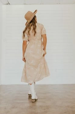 Polagram THE SERENITY EMBROIDERED FLORAL MIDI DRESS IN SAND