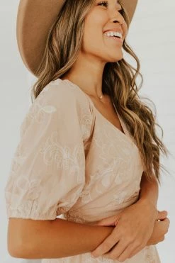 Polagram THE SERENITY EMBROIDERED FLORAL MIDI DRESS IN SAND