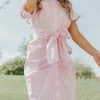 Better Be THE STASSY STRIPED BUTTON DOWN DRESS IN PINK DRESSES