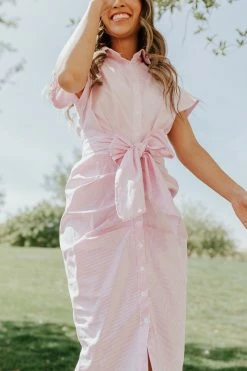 Better Be THE STASSY STRIPED BUTTON DOWN DRESS IN PINK DRESSES