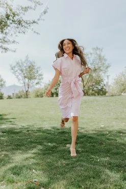 Better Be THE STASSY STRIPED BUTTON DOWN DRESS IN PINK DRESSES