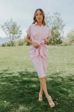 Better Be THE STASSY STRIPED BUTTON DOWN DRESS IN PINK DRESSES