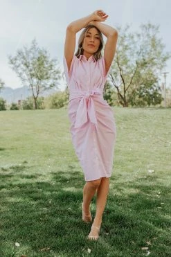 Better Be THE STASSY STRIPED BUTTON DOWN DRESS IN PINK DRESSES