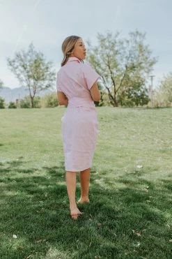 Better Be THE STASSY STRIPED BUTTON DOWN DRESS IN PINK DRESSES