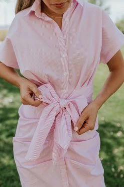 Better Be THE STASSY STRIPED BUTTON DOWN DRESS IN PINK DRESSES