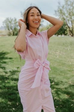 Better Be THE STASSY STRIPED BUTTON DOWN DRESS IN PINK DRESSES