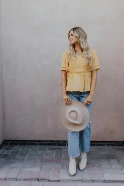 Hayden Los Angeles THE YUMA SMOCKED BABYDOLL TOP IN YELLOW TOPS
