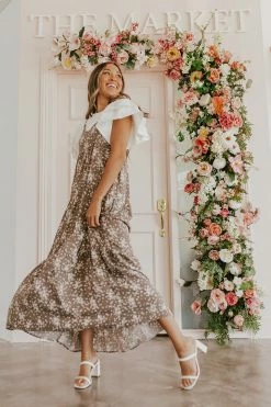 Final Touch Apparel THE DECLAN FLORAL MAXI DRESS IN DARK TAUPE NEW ARRIVALS